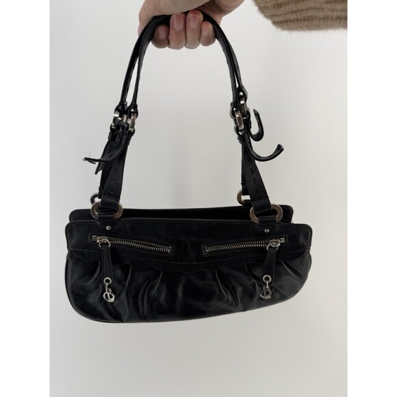 Charles David Black Leather Shoulder Bag scalloped multi zipper pouch y2k 90s - Picture 13 of 16